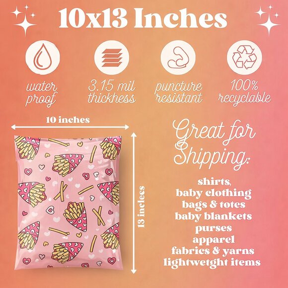 25ct Medium 10 x 13 Fries and Hearts Poly Mailers - Picture 2 of 2